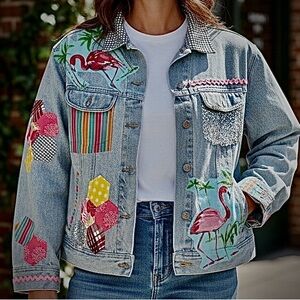 Light Wash Flamingo Patch Denim Jacket - Women, Size Lg/XL